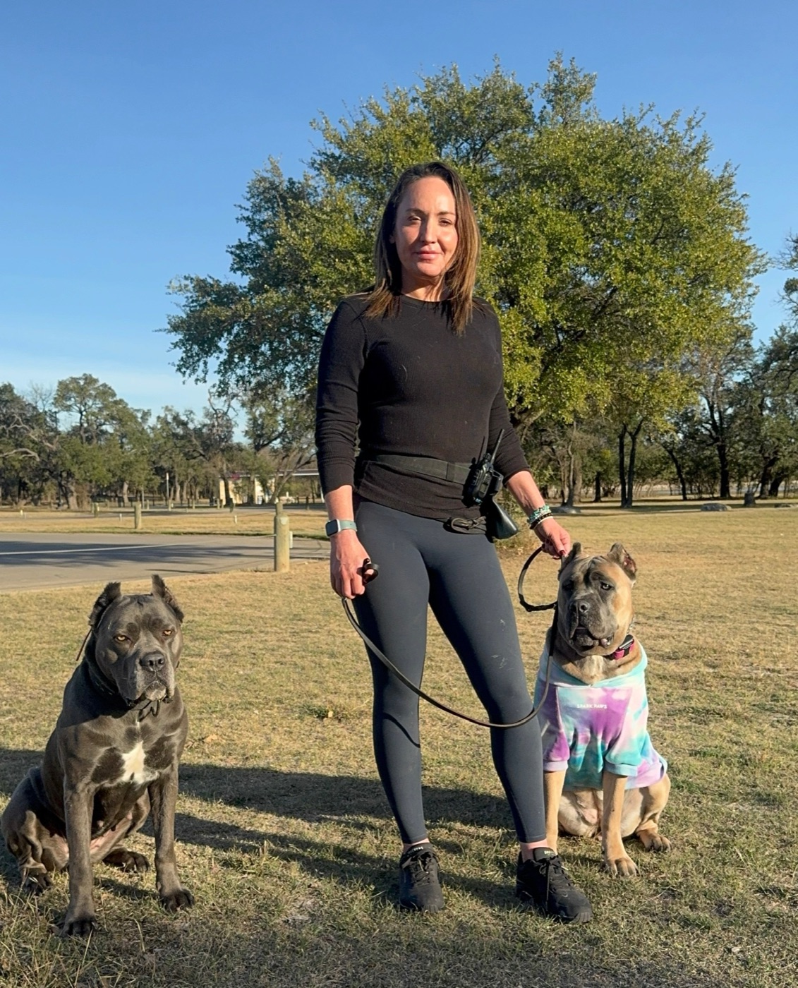 Cynthia Garlaska standing between two Cane Corsos on loose leashes in a Central Texas park, both dogs sitting settled and attentive